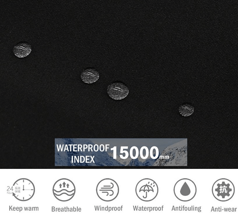 Black women's ski jacket fabric showcasing waterproof performance and features like windproof, breathable, and antifouling properties.